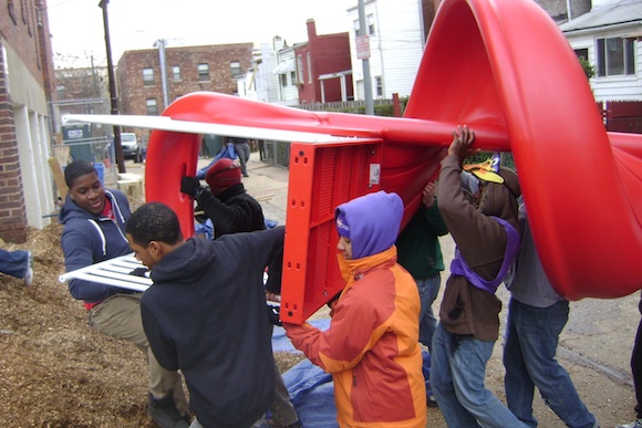 Volunteers build a Kaboom! playground in Eckington, which will be similar to Brookland's build