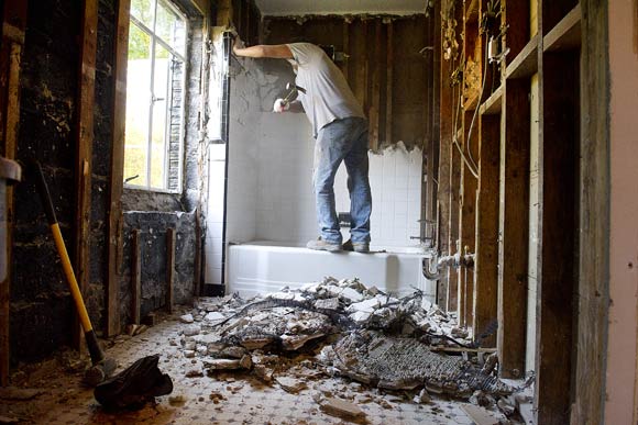 While parts of this master bathroom won't be saved, much of it--including the toilet, sink and more, will be salvaged