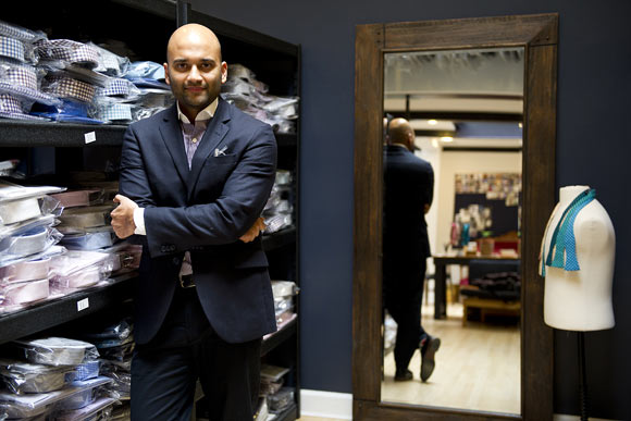 Pranav Vora, founder and CEO of Hugh & Crye shirtmakers, a Georgetown company. Hugh and Crye makes some of its products locally (pocket squares in Virginia, collar stays on site), and offers "near-custom-fit" shirts based on body type