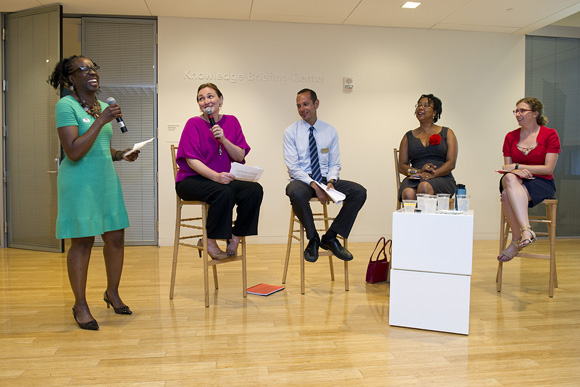 "Food in our Neighborhoods" aimed to spark conversations about food, healthy living, and community. Here, Celeste James, Kaiser Permanente, introduces the panelists