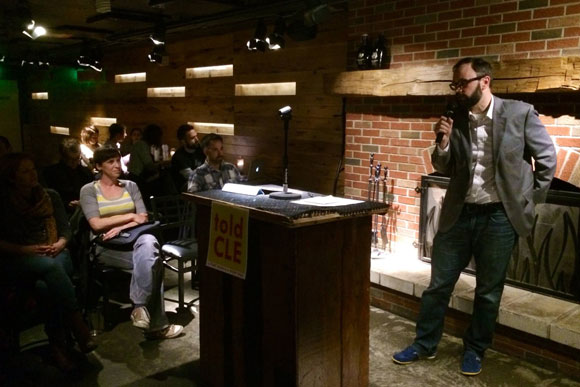 Host David Sabol introducing performers at TOLD Cleveland, a monthly storytelling event