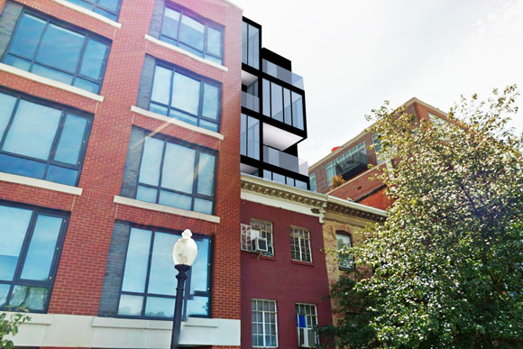 The concept calls for a 7-story addition behind three existing rowhomes
