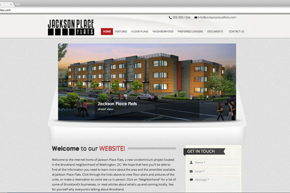 A screengrab of the website for the Jackson Place Flats, showing preliminary rendering.