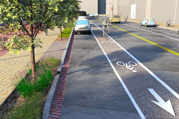 A permeable bike lane proposed for Mount Pleasant, with Lamont Park on the left