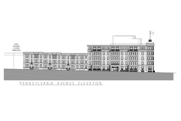 Preliminary elevation of 1600 Pennsylvania Ave SE, which does not show the clock tower