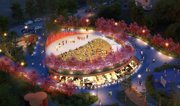 A rendering of the park at night