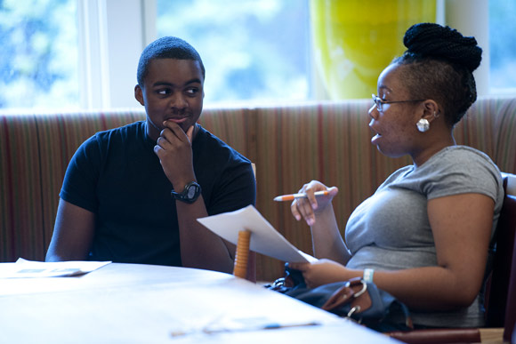 Two students work on interviewing each other for Urban Alliance's Public Speaking Challenge