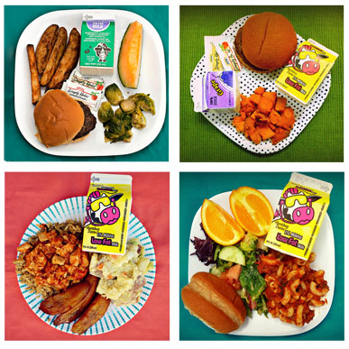School lunches served by D.C. Central Kitchen. Clockwise from top:  local beef burger w/Brussels sprouts,  local beef burger w/ sweet potatoes, beef and macaroni bake w/salad, and arroz con pollo