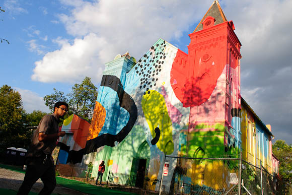A former church has been converted to BLIND WHINO, an arts space decorated with an enormous mural. This month it has been host to the G40 Arts Summit, a month-long festival of visual and performing art