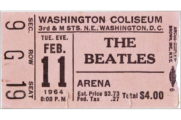1964: The Beatles play the arena just two days after their appearance on The Ed Sullivan Show. This ticket sold by Heritage Auctions in 2011 for $1500