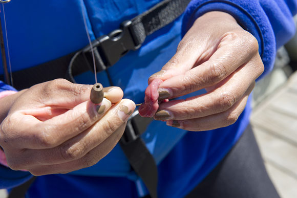 A woman baits her hook with chicken liver, the only thing the catfish seemed interested in