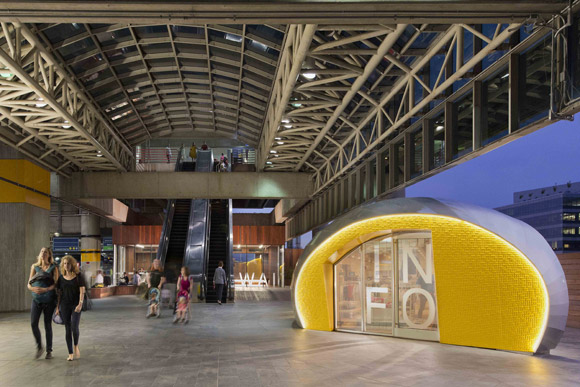 Look closely at the yellow part of this info pavilion--it's got Morse code etched into it