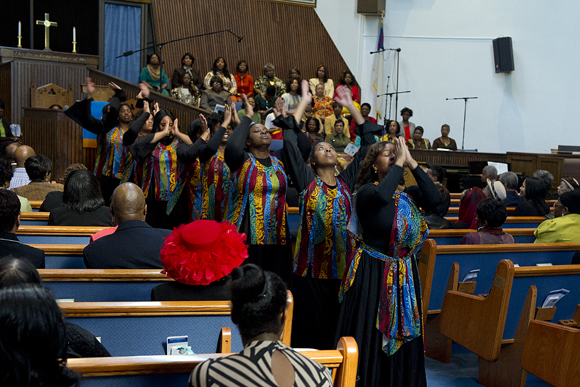 The Youth Praise Ministry performs a dance during a service at New Bethel, a church that until recently had an older congregation