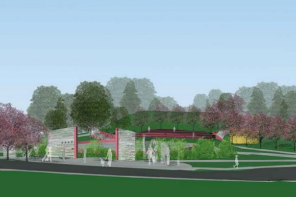 One of the proposed designs for Chuck Brown Park; both feature a plaza, outdoor drums, and more