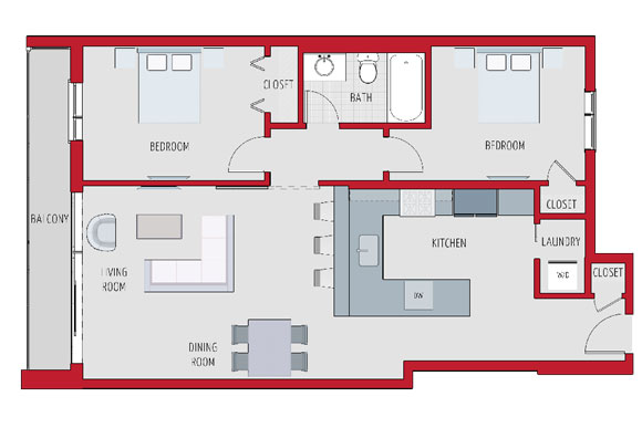 A sample floorplan for a two-bedroom unit