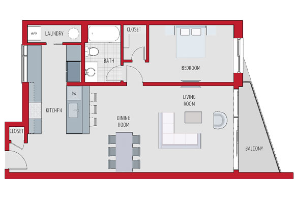 A sample floorplan for a one-bedroom unit