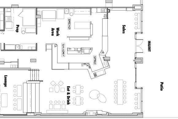 A partial floor plan for the new Baked & Wired in Mount Vernon Triangle. Scroll down to enlarge